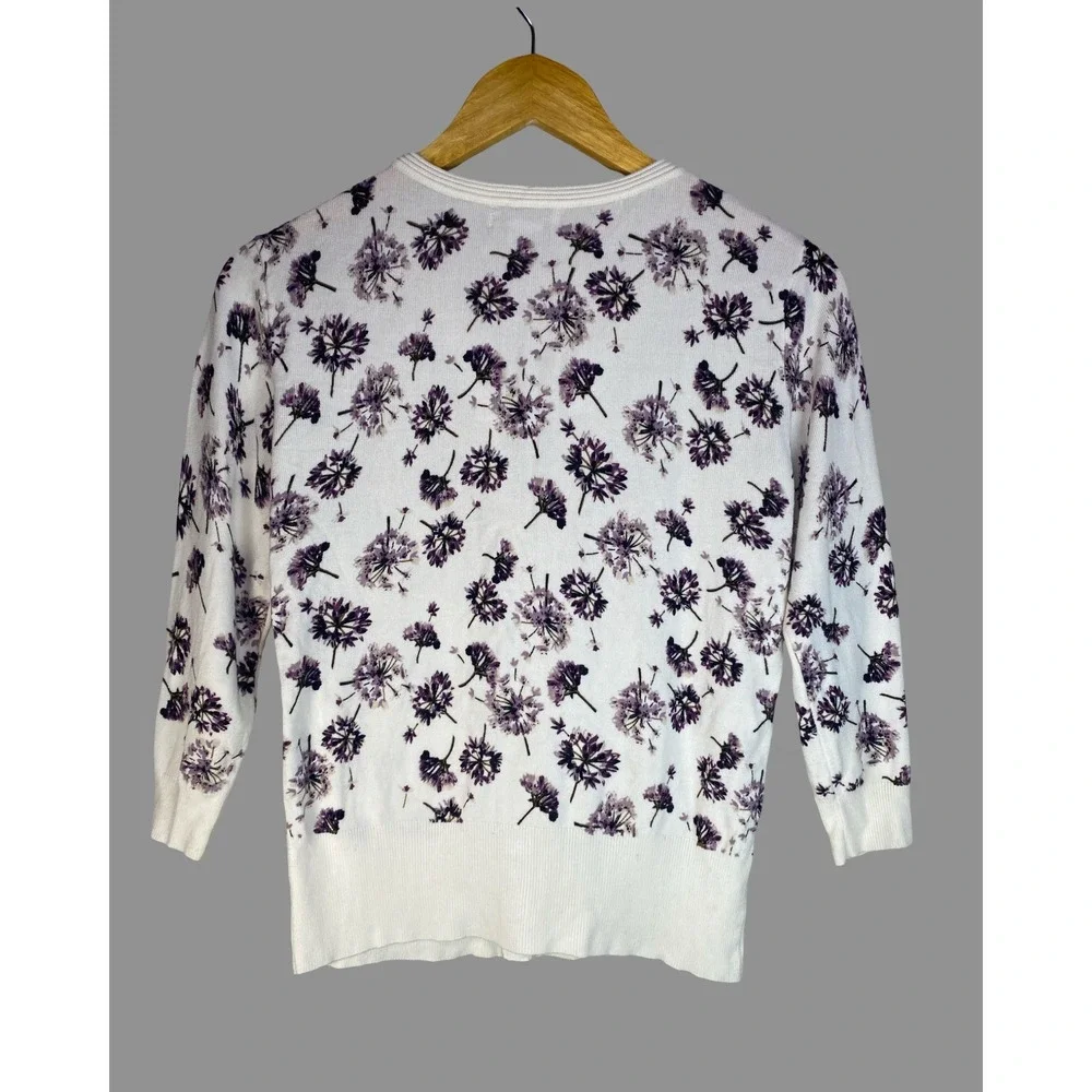 Carmen Marc Valvo Womens Floral‎ Snap Front Cardigan White Purple 3/4 Sleeve S